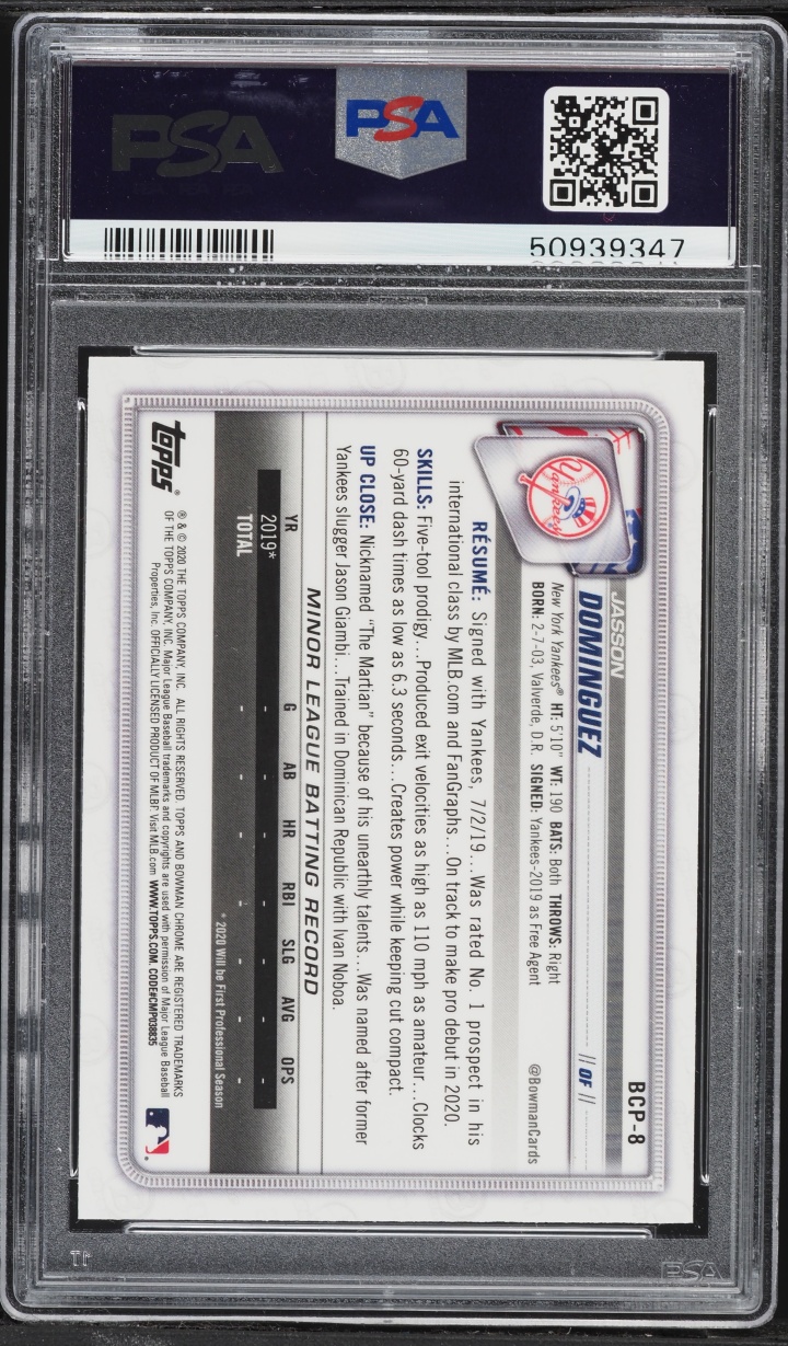 2020 Bowman Chrome Mega Box Jasson Dominguez PROSPECT #BCP-8 PSA 9 MINT