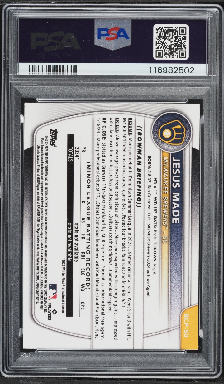 2025 Bowman Chrome Reptilian Refractor Jesus Made PROSPECT #BCP-50 PSA 9 MINT