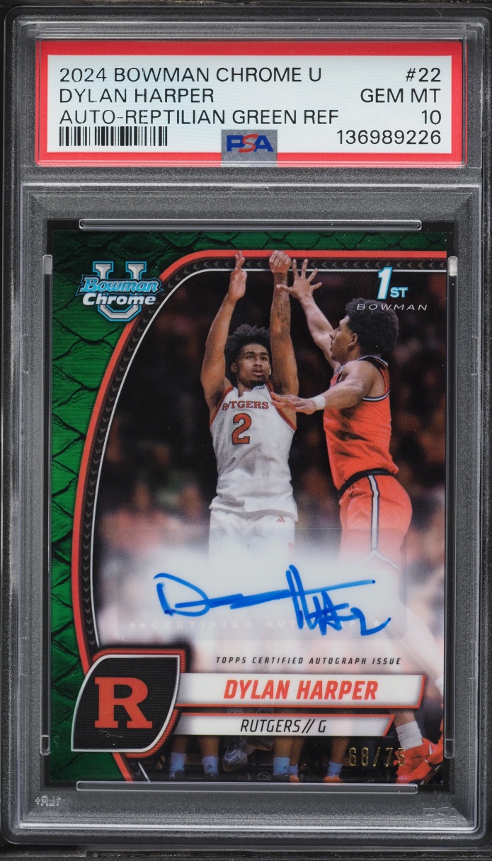 2024 Bowman University Chrome Reptilian Green Refractor Dylan Harper ROOKIE AUTO /75 #22 PSA 10