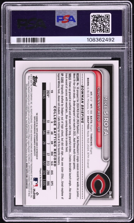 2024 Bowman Chrome Draft HTA Choice Mike Sirota PROSPECT AUTO /150 #CPA-MS PSA 10 GEM MINT
