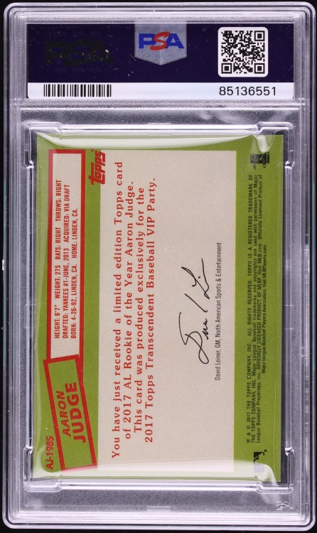 2017 Topps Transcendent Collection Aaron Judge ROOKIE /87 #AJ-1985 PSA 9 MINT