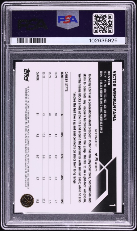 2023 Topps Chrome Refractor Victor Wembanyama ROOKIE #1 PSA 10 GEM MINT
