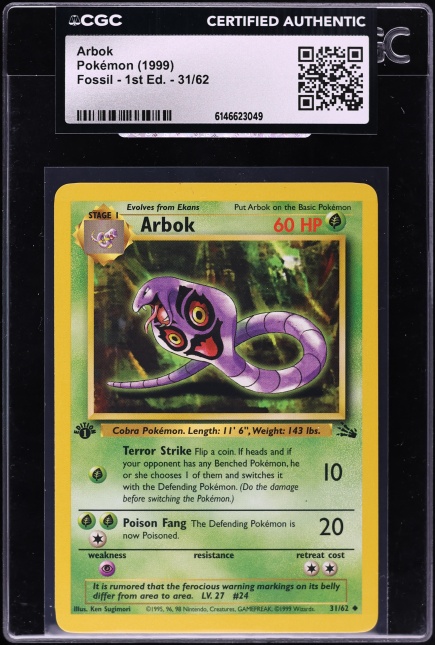 first edition arbok pokemon card 1999 Pokemon Fossil 1st Edition Arbok #31 CGC AUTH on Fanatics Collect