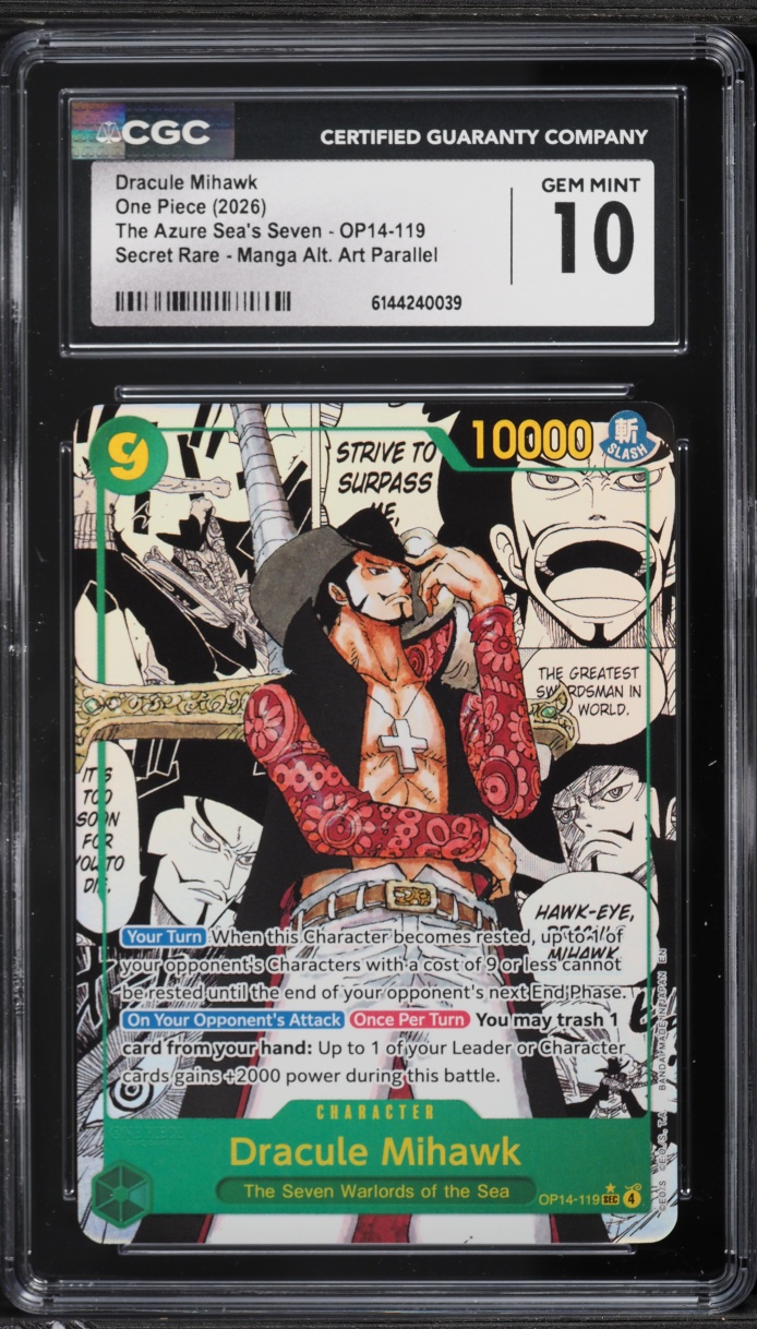 2026 One Piece The Azure Sea's Seven Manga Alt Art SEC Dracule Mihawk #OP14-119 CGC 10 GEM MINT