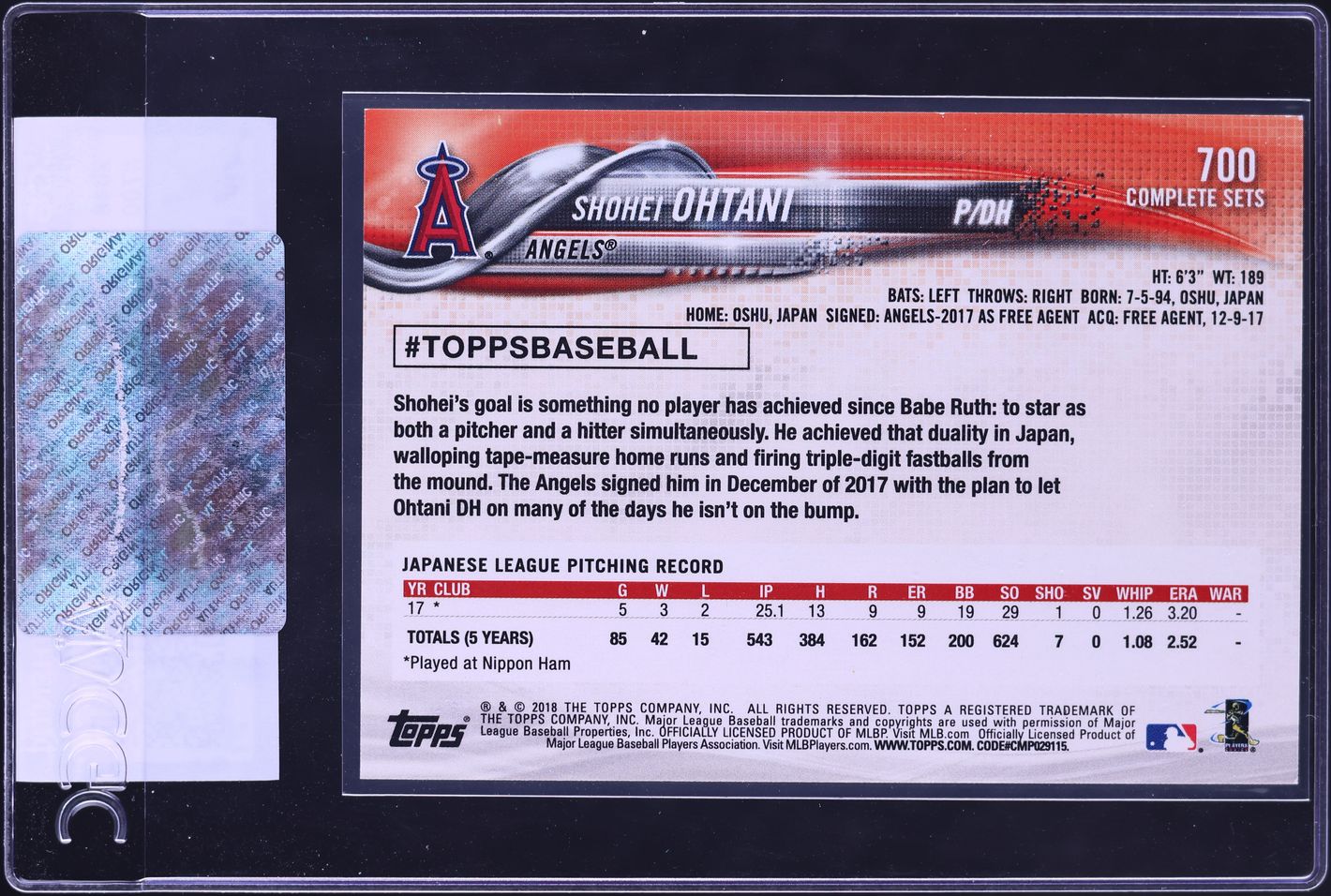 2018 Topps Complete Sets Shohei Ohtani ROOKIE #700 CGC AUTH