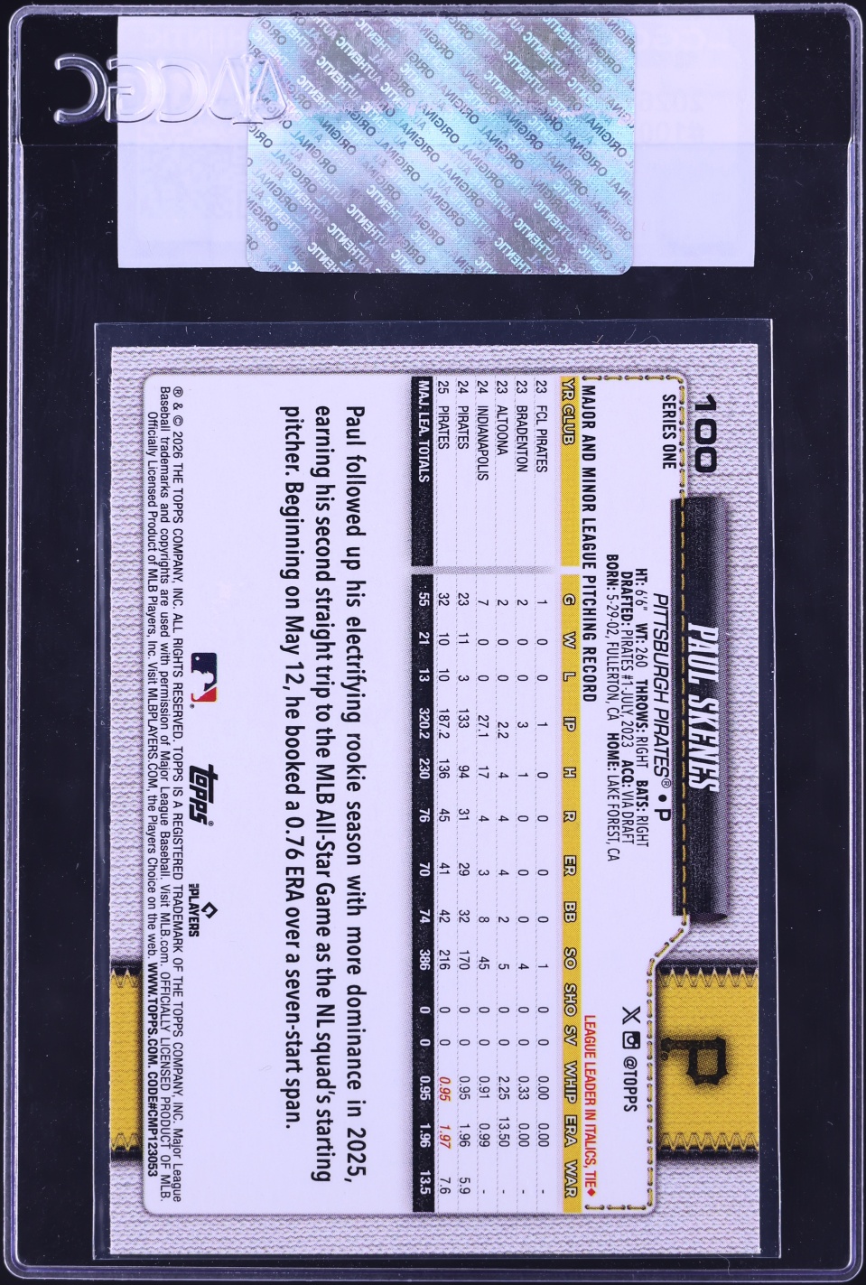 2026 Topps Paul Skenes #100 CGC AUTH