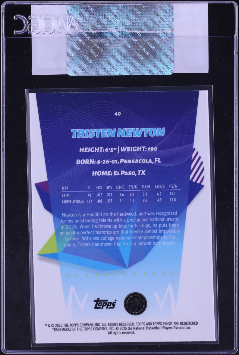 2024 Finest Sky Blue Refractor Tristen Newton ROOKIE #40 CGC AUTH
