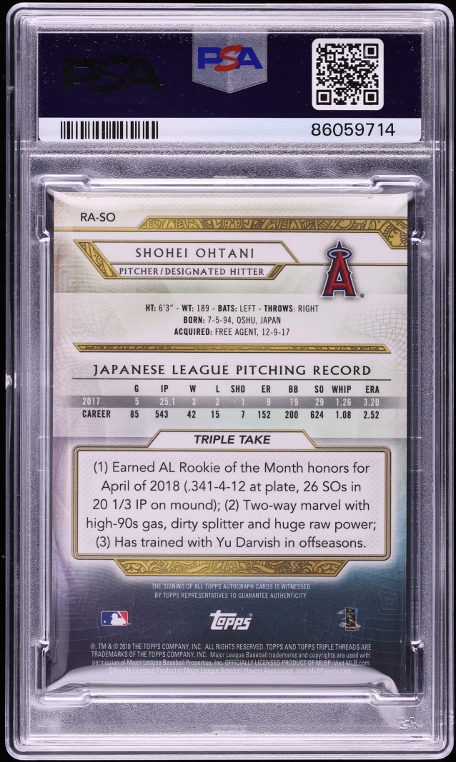 2018 Topps Triple Threads Sapphire Shohei Ohtani ROOKIE AUTO /10 #RA-SO PSA 9 MINT