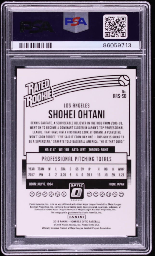 2018 Donruss Optic Shohei Ohtani ROOKIE AUTO #RRS-SO PSA 9 MINT