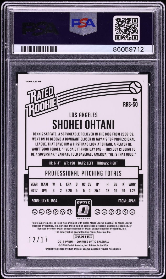 2018 Donruss Optic Red Shohei Ohtani ROOKIE AUTO /17 #RRS-SO PSA 8 NM-MT