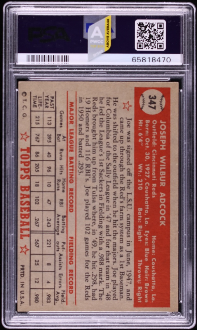 1952 Topps Joe Adcock #347 PSA 7 NRMT