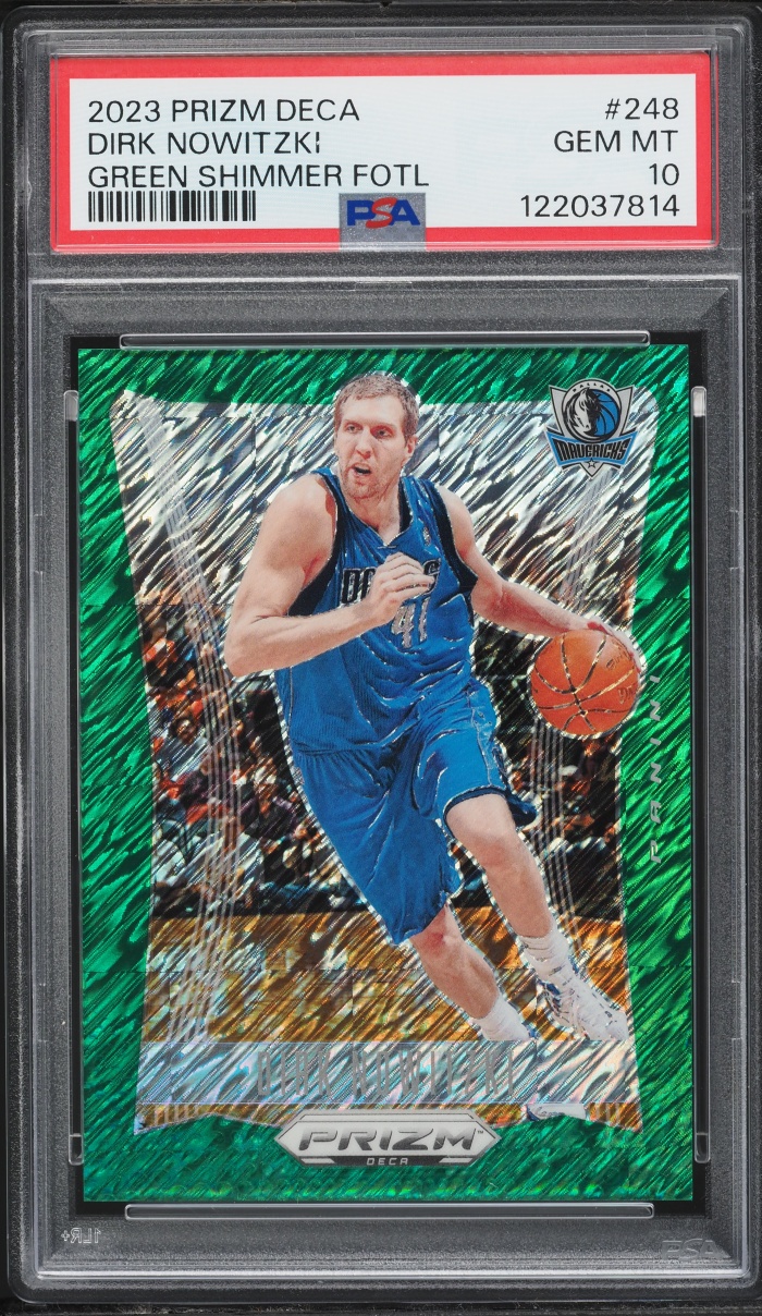 2023 Panini Prizm Deca Green Shimmer FOTL Dirk Nowitzki /12 #248 PSA 10 GEM MINT