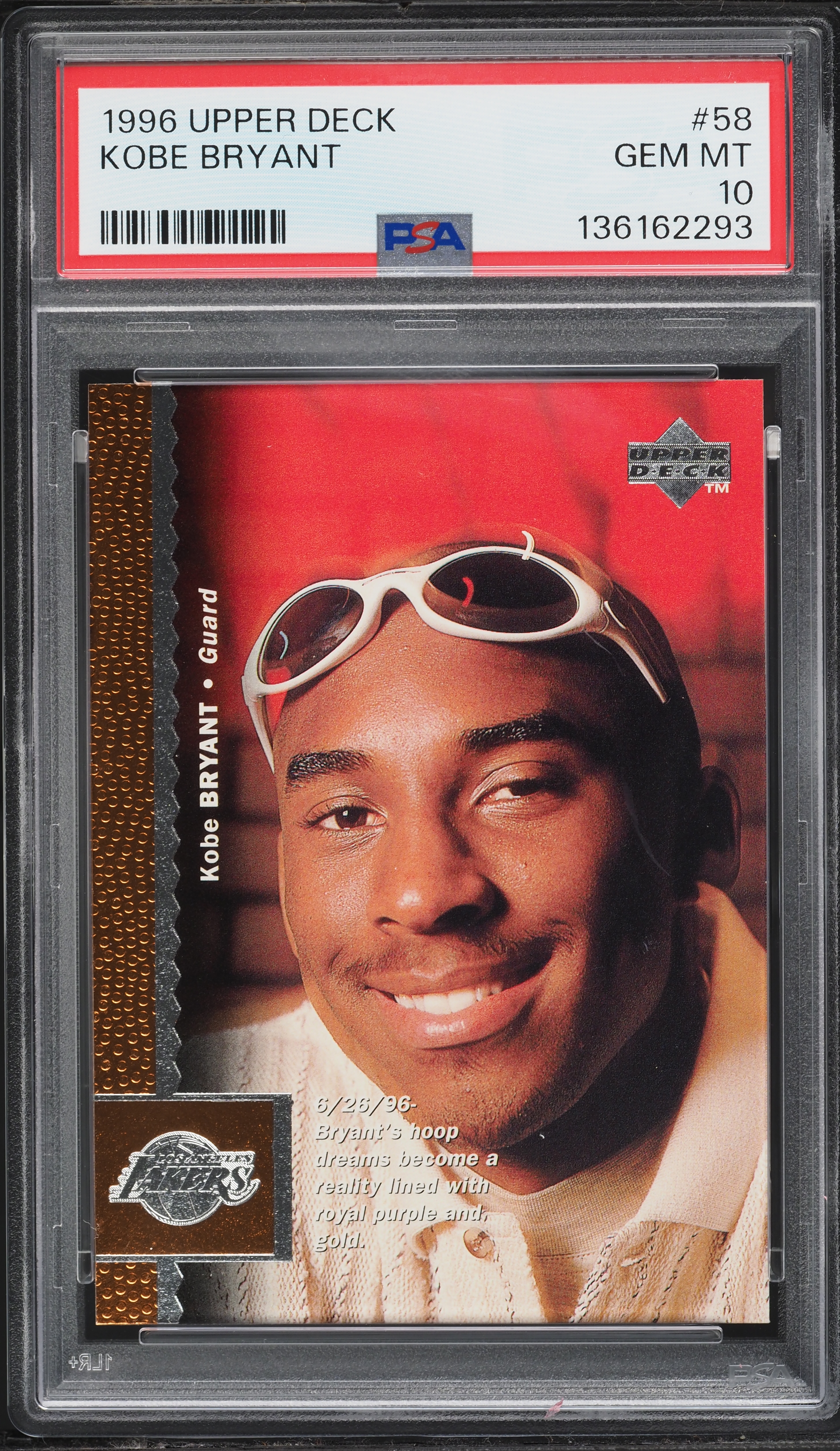 1996 Upper Deck Basketball Kobe Bryant ROOKIE #58 PSA 10 GEM MINT