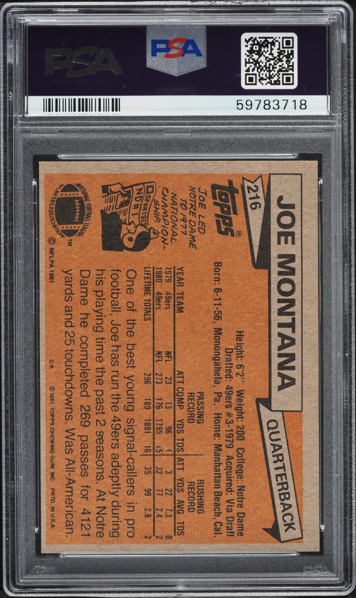 1981 Topps Football Joe Montana ROOKIE #216 PSA 4 VGEX