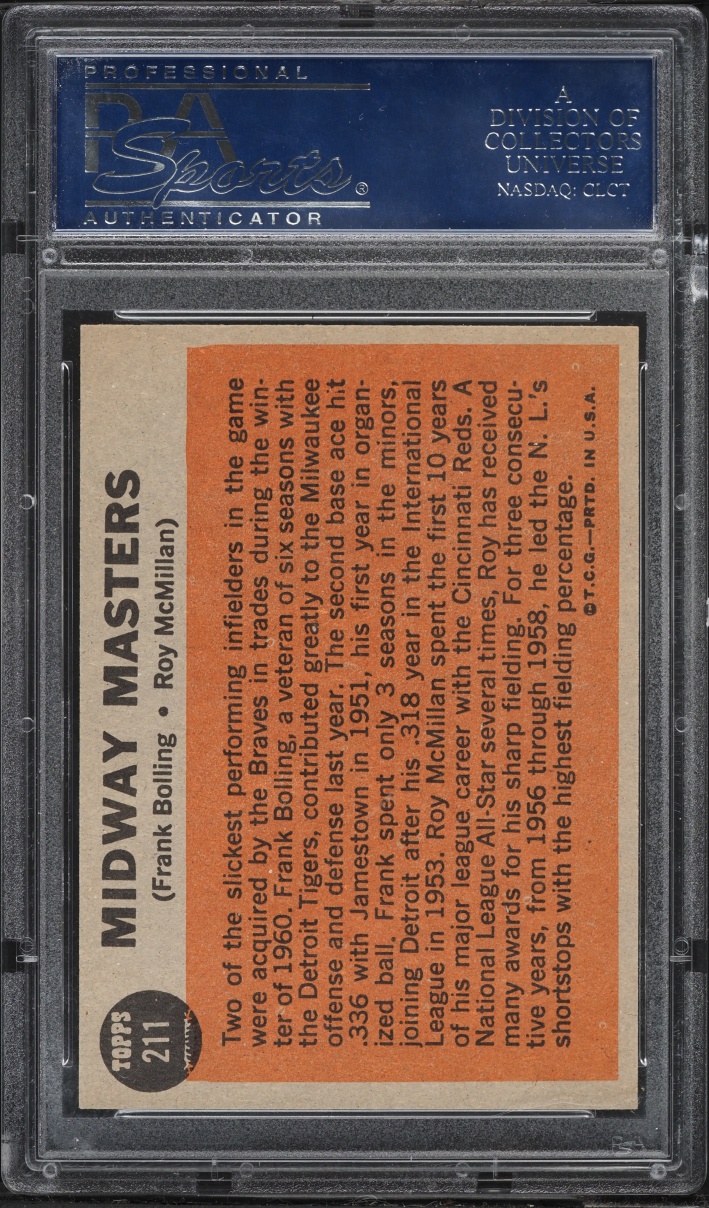 1962 Topps Frank Bolling Roy McMillan MIDWAY MASTERS #211 PSA 6.5 EXMT+