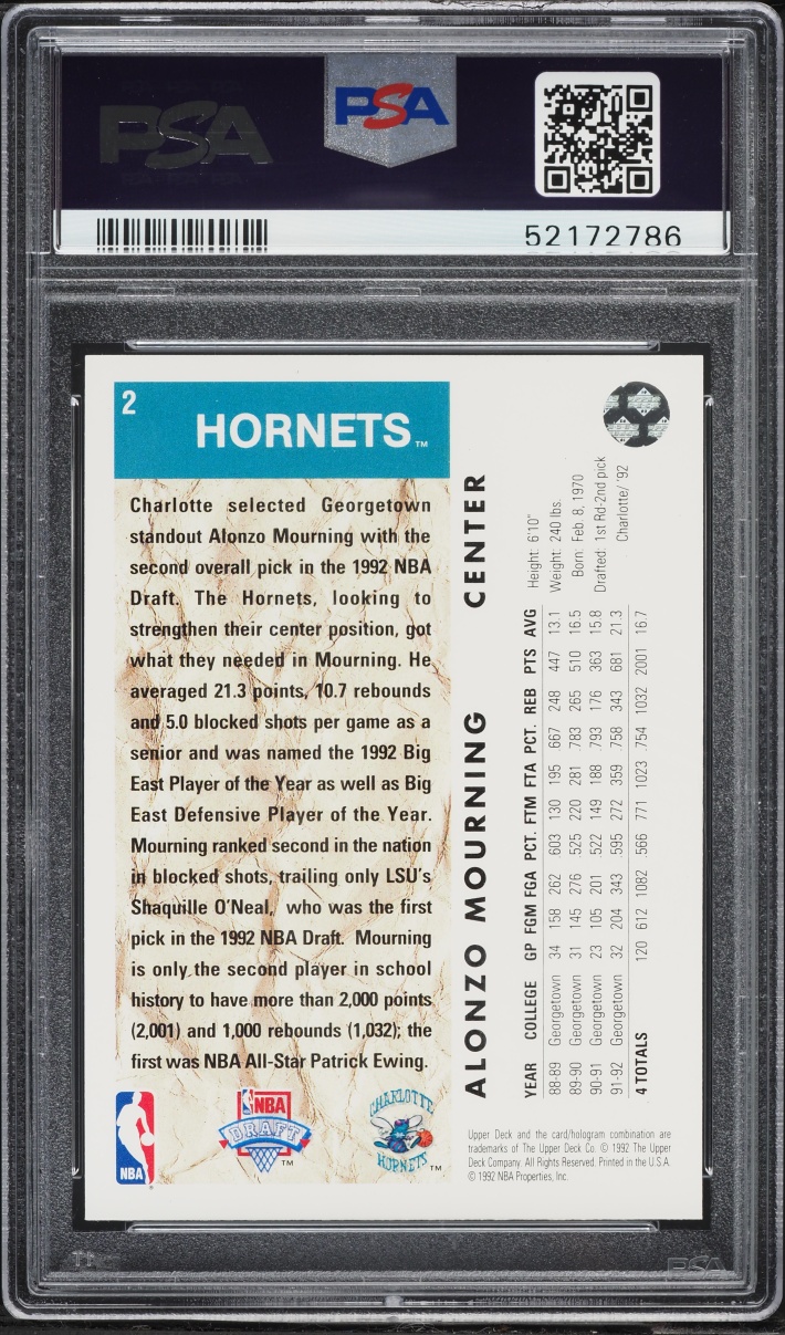 1992 Upper Deck Basketball Alonzo Mourning ROOKIE #2 PSA 9 MINT