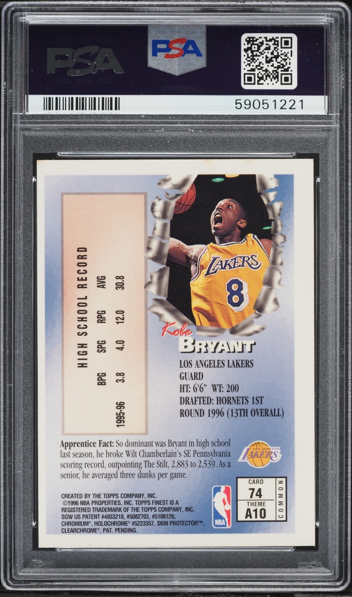 1996 Finest Basketball w/ Coating Kobe Bryant ROOKIE #74 PSA 9 MINT