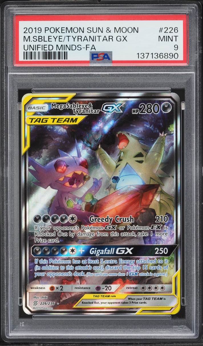2019 Pokemon Sun & Moon Unified Minds Full Art Mega Sableye & Tyranitar GX #226 PSA 9 MINT
