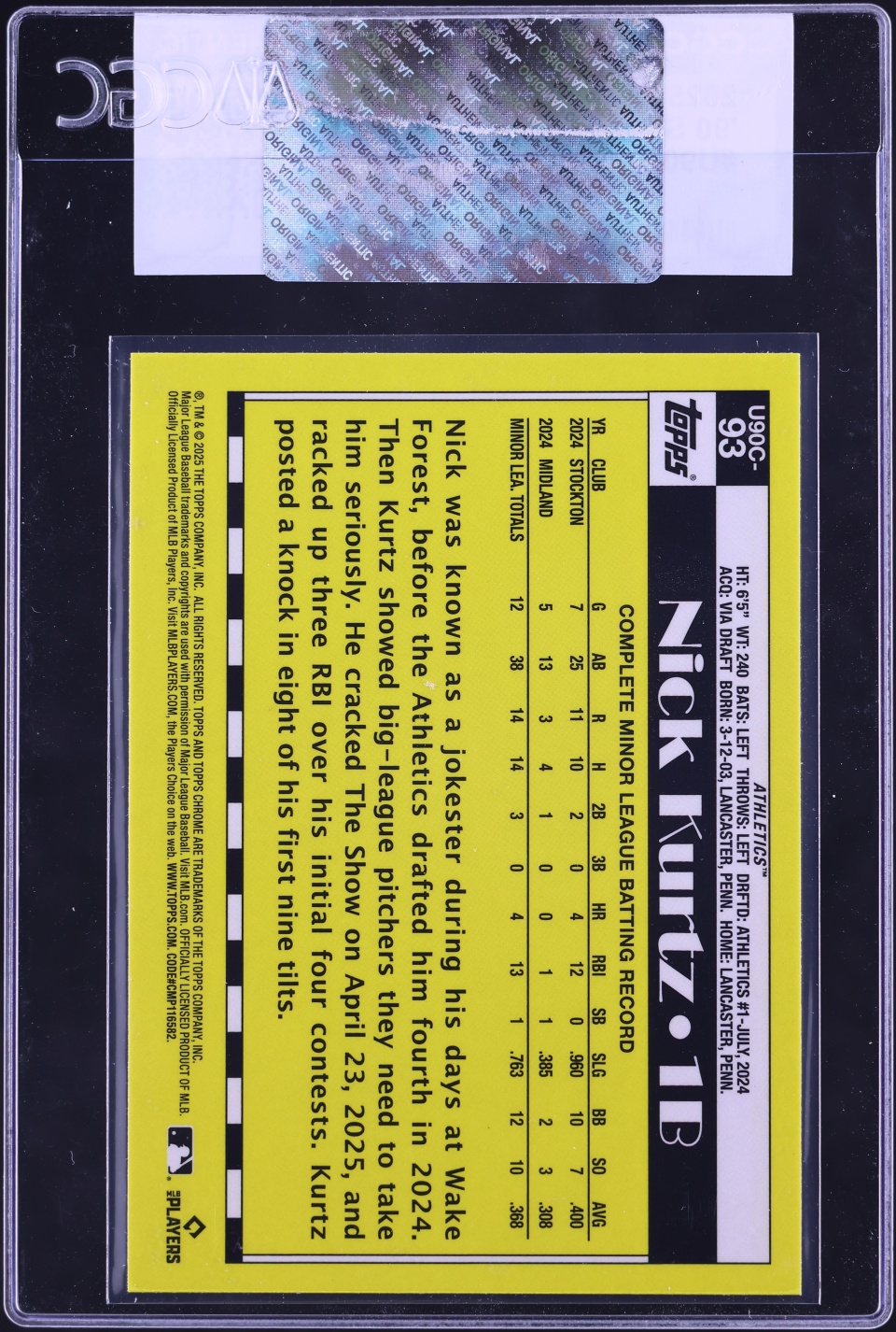 2025 Topps Chrome Update '90 Silver Pack Nick Kurtz ROOKIE #U90C-93 CGC AUTH