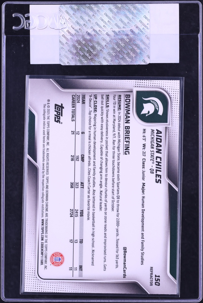 2025 Bowman University Chrome Refractor Aidan Chiles ROOKIE #150 CGC AUTH