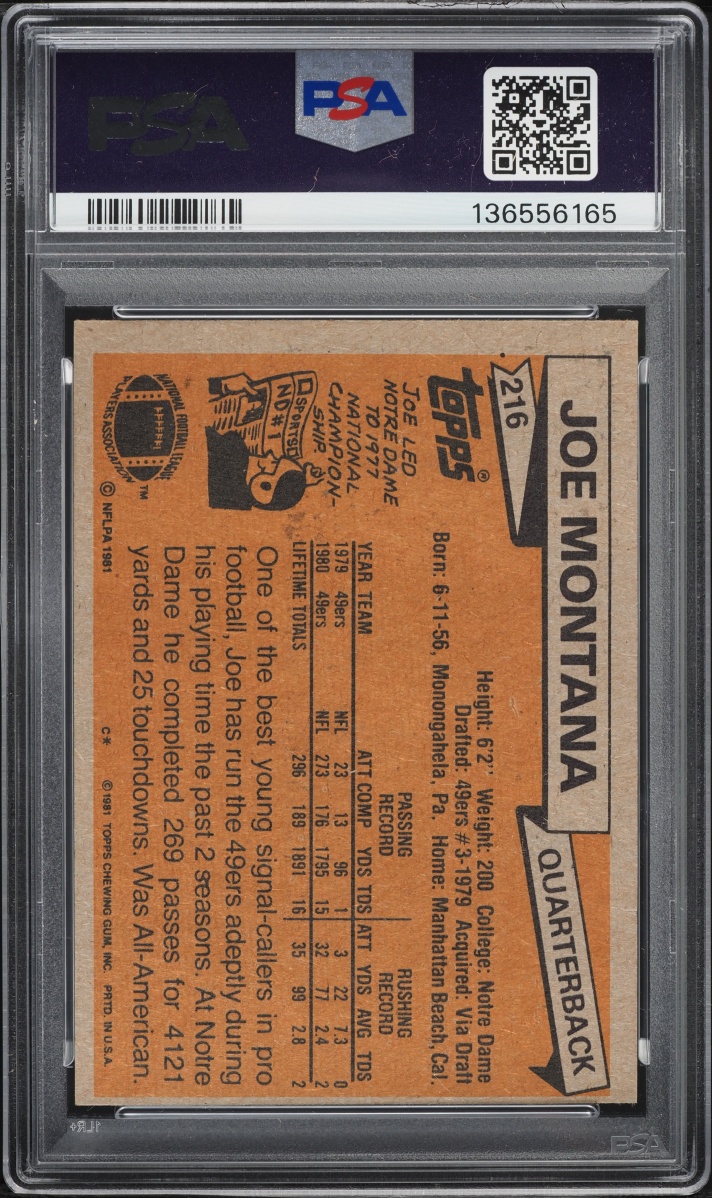 1981 Topps Football Joe Montana ROOKIE #216 PSA 6 EXMT
