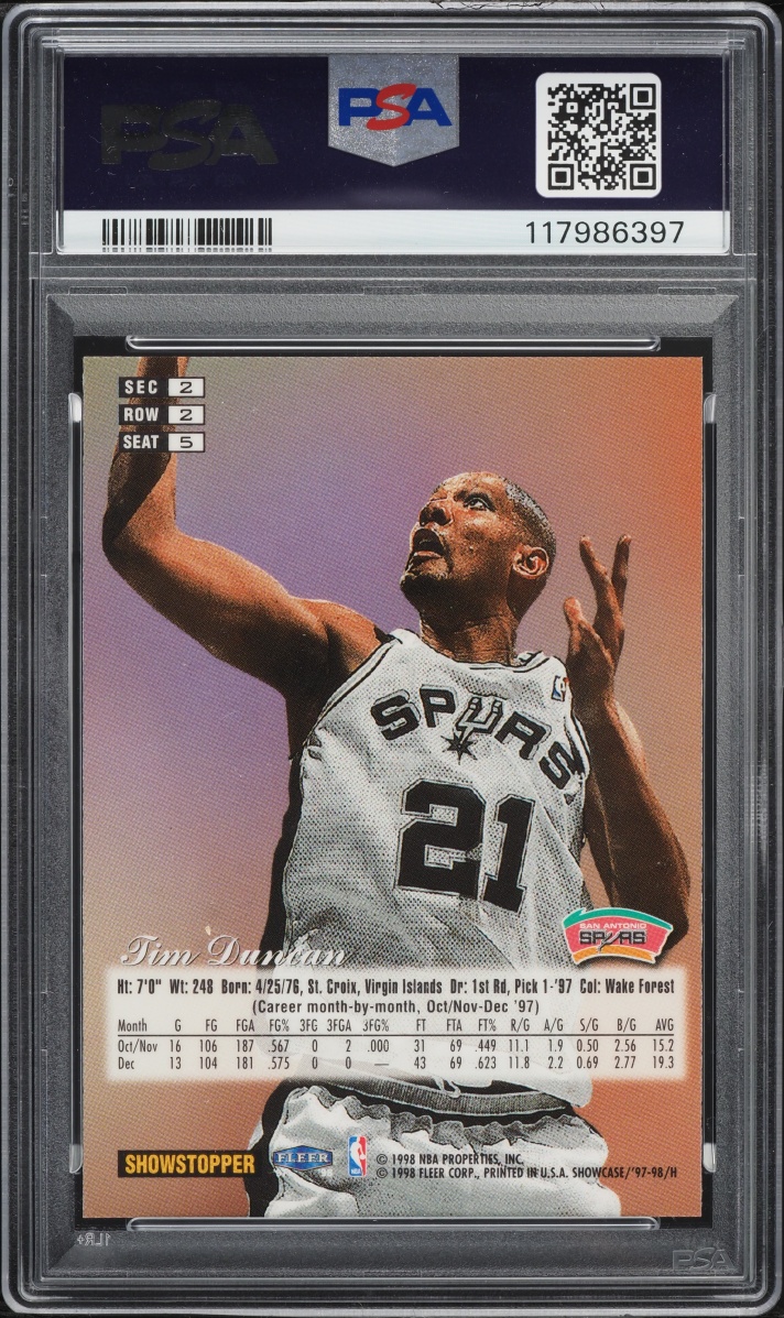 1997 Flair Showcase Row 2 Tim Duncan ROOKIE #5 PSA 9 MINT