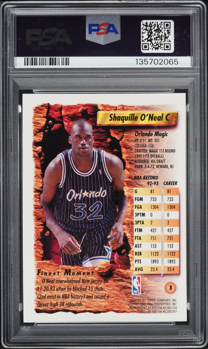 1993 Finest Basketball Shaquille O'Neal #3 PSA 8 NM-MT