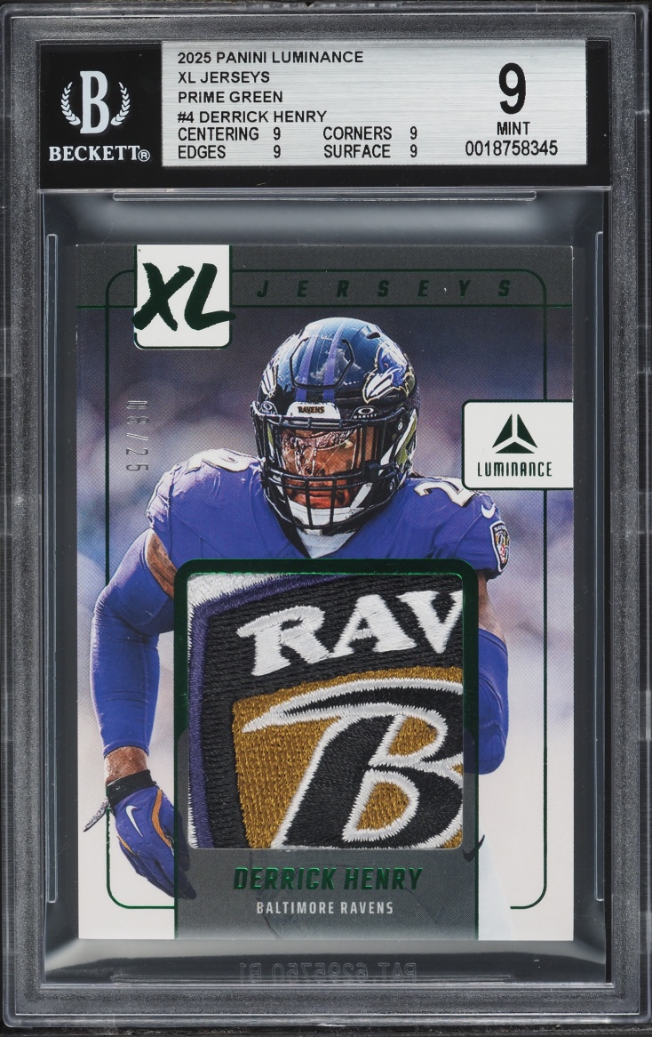 2025 Panini Luminance XL Jerseys Prime Green Derrick Henry PATCH /25 #XLJ-DHE BGS 9 MINT