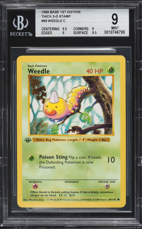 1999 Pokemon Base Set Shadowless 1st Edition Thick 3D Stamp Weedle #69 BGS 9 MINT