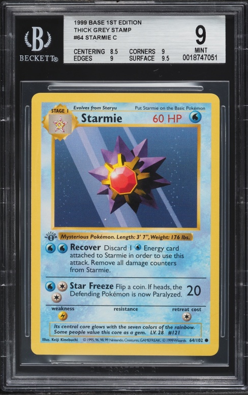 1999 Pokemon Base Set Shadowless 1st Edition Thick Grey Stamp Starmie #64 BGS 9 MINT