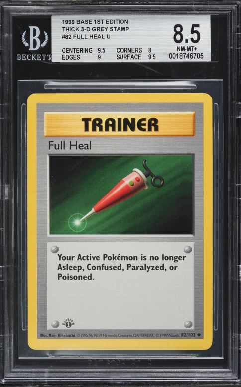 1999 Pokemon Base Set Shadowless 1st Edition Thick 3-D Grey Stamp Full Heal #82 BGS 8.5 NM-MT+