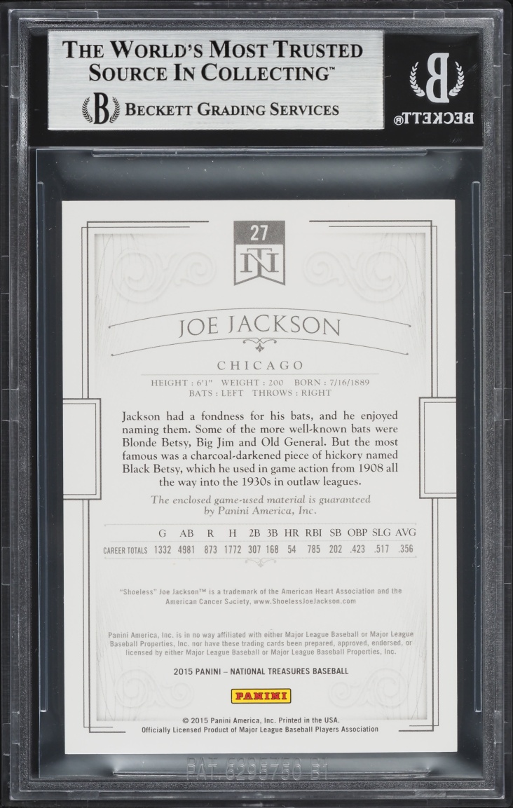 2015 National Treasures Joe Jackson BAT PATCH 25/25 #27 BGS 8.5 NM-MT+