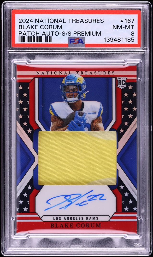 2024 National Treasures Stars & Stripes Premium Blake Corum ROOKIE PATCH AUTO /13 #167 PSA 8