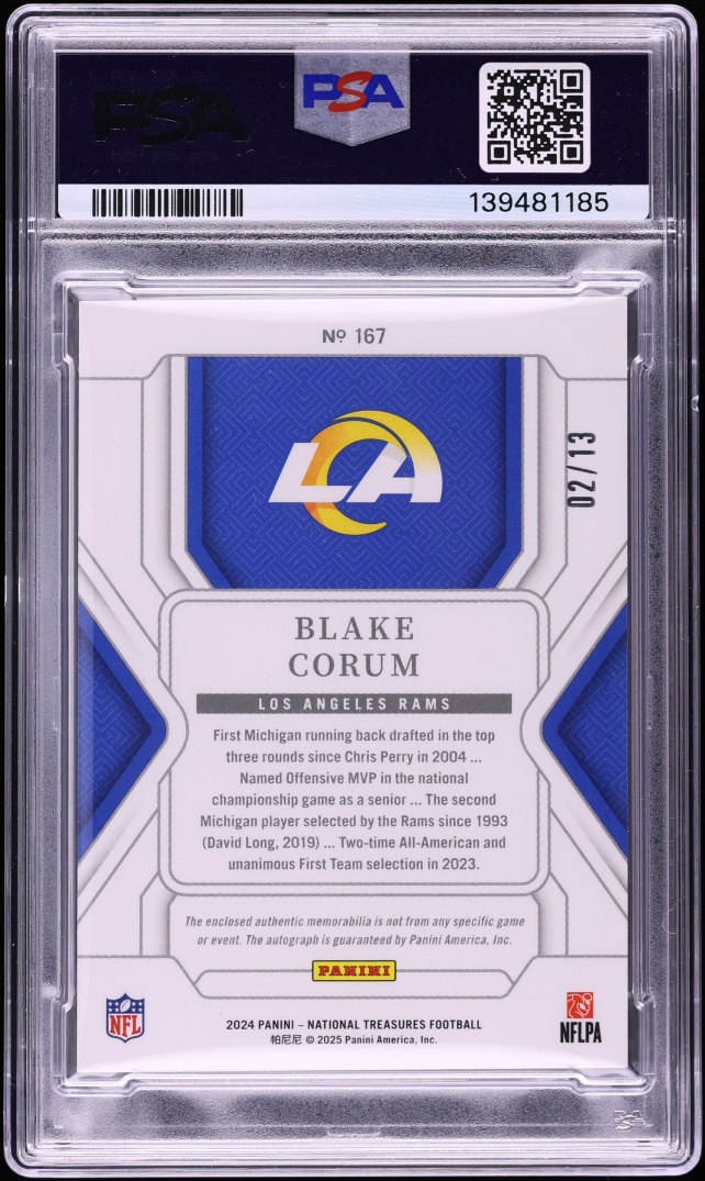 2024 National Treasures Stars & Stripes Premium Blake Corum ROOKIE PATCH AUTO /13 #167 PSA 8