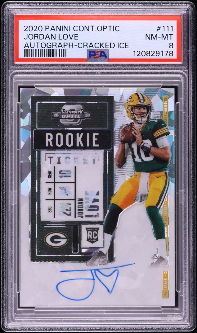 2020 Panini Contenders Optic Cracked Ice Prizm Jordan Love ROOKIE AUTO /22 #111 PSA 8 NM-MT