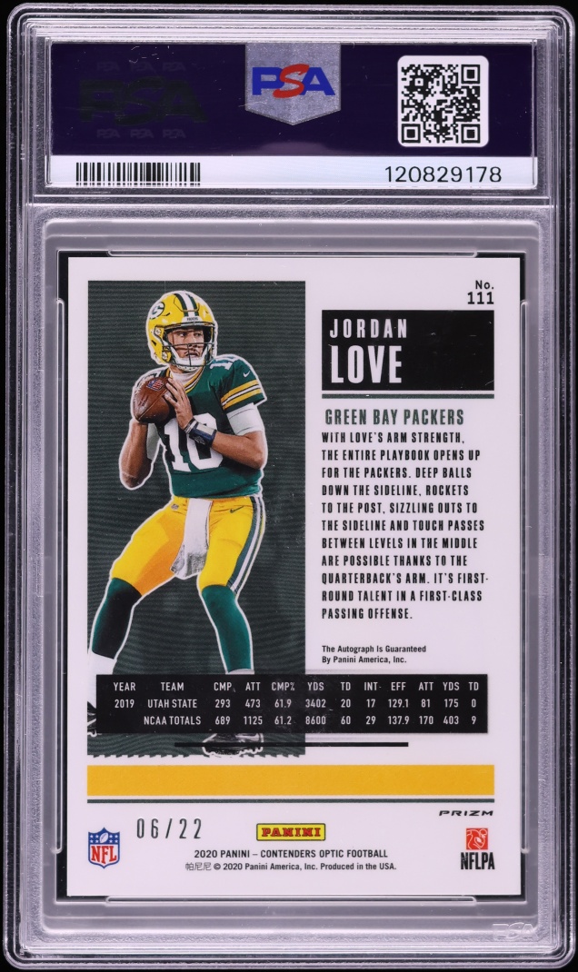 2020 Panini Contenders Optic Cracked Ice Prizm Jordan Love ROOKIE AUTO /22 #111 PSA 8 NM-MT
