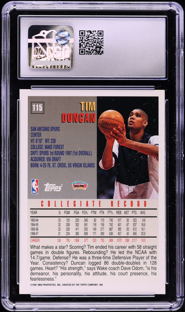 1997 Topps Basketball Tim Duncan ROOKIE #115 CSG 9 MINT