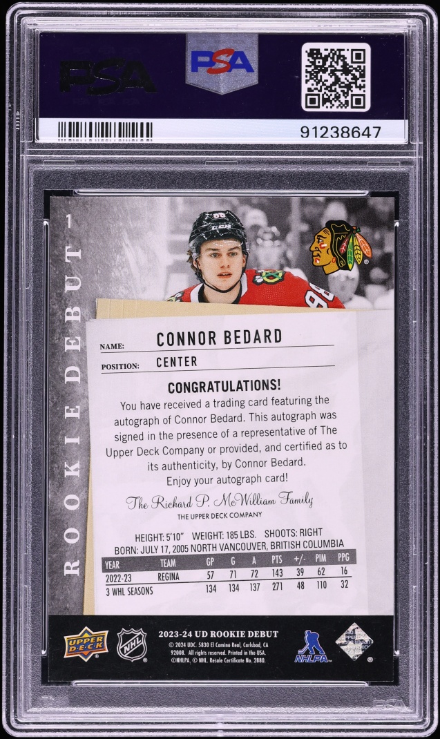 2023 Upper Deck Debut Achievement Connor Bedard ROOKIE AUTO /25 DNA 10 #1 PSA 10 GEM MINT
