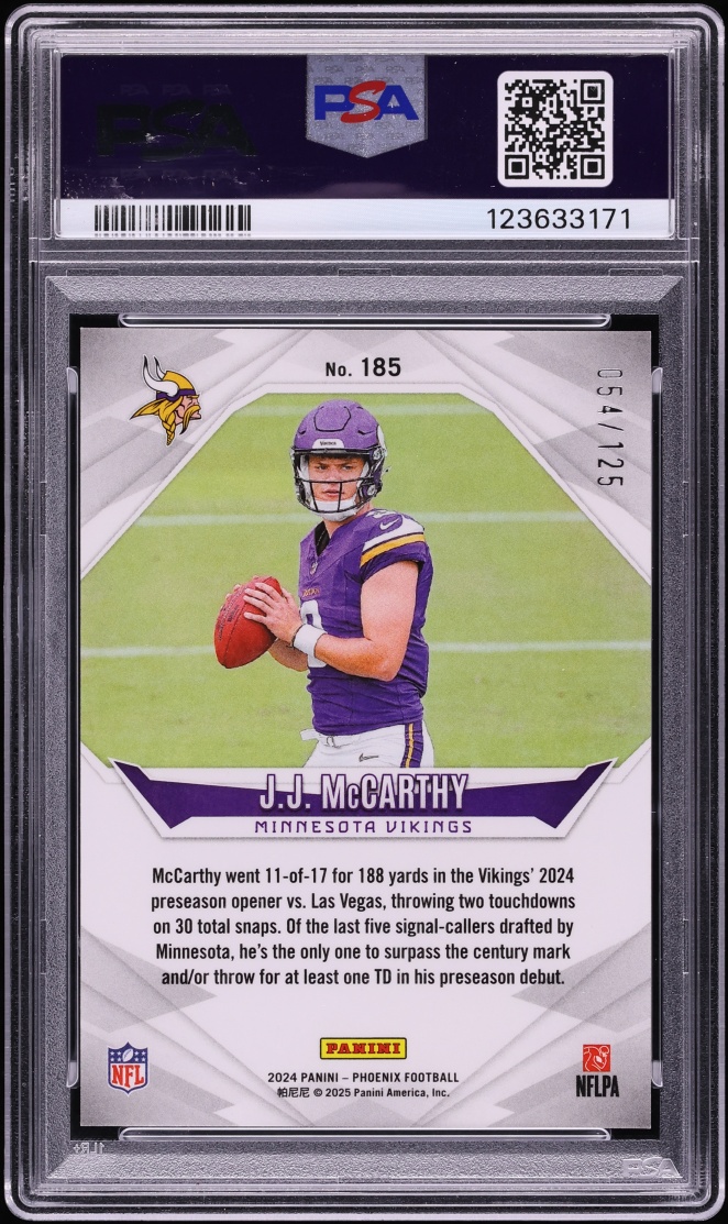 2024 Panini Phoenix Bronze Fade J.J. McCarthy ROOKIE /125 #185 PSA 10 GEM MINT