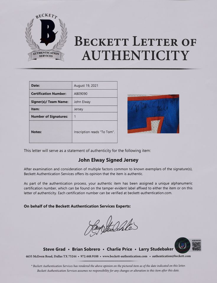 1994 John Elway Signed Autographed Game Used Denver Broncos Jersey - Beckett/Mears AUTH, LOO