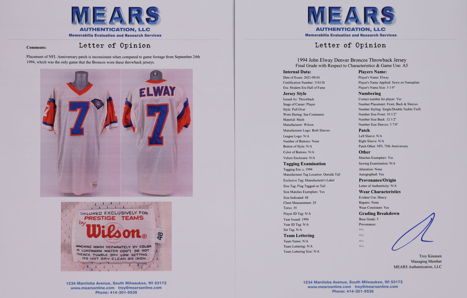 1994 John Elway Signed Autographed Game Used Denver Broncos Jersey - Beckett/Mears AUTH, LOO