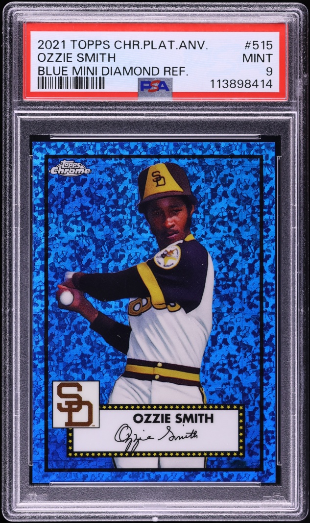 2021 Topps Chrome Platinum Anniversary Blue Mini Diamond Refractor Ozzie Smith /199 #515 PSA 9