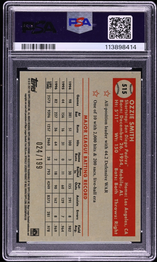 2021 Topps Chrome Platinum Anniversary Blue Mini Diamond Refractor Ozzie Smith /199 #515 PSA 9