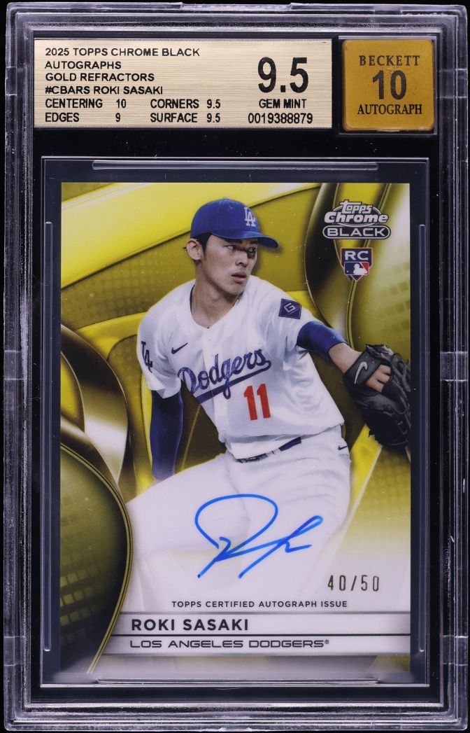 2025 Topps Chrome Black Gold Refractors Roki Sasaki ROOKIE AUTO /50 #CBARS BGS 9.5 GEM MINT