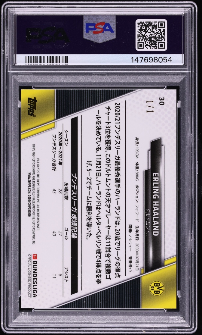 2021 Topps Bundesliga Japan Edition Chrome Superfractor Erling Haaland 1/1 #30 PSA 9 MINT