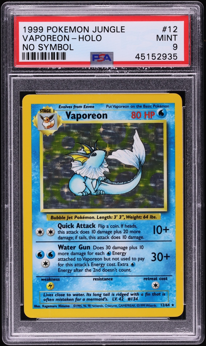 1999 Pokemon Jungle No Symbol Holo Vaporeon #12 PSA 9 MINT