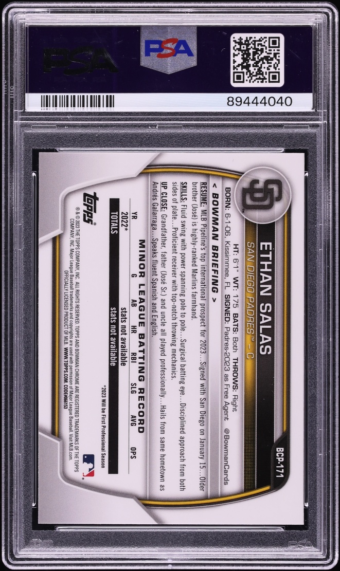 2023 Bowman Chrome Sapphire Edition Ethan Salas PROSPECT #BCP-171 PSA 10 GEM MINT