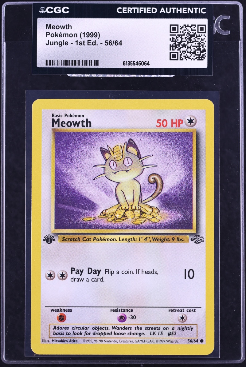 1999 Pokemon Jungle 1st Edition Meowth #56 CGC AUTH