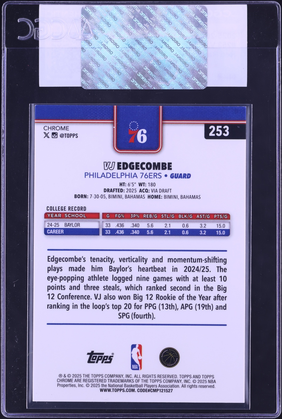 2025 Topps Chrome Red RayWave Refractor VJ Edgecombe ROOKIE 1/5 #253 CGC AUTH