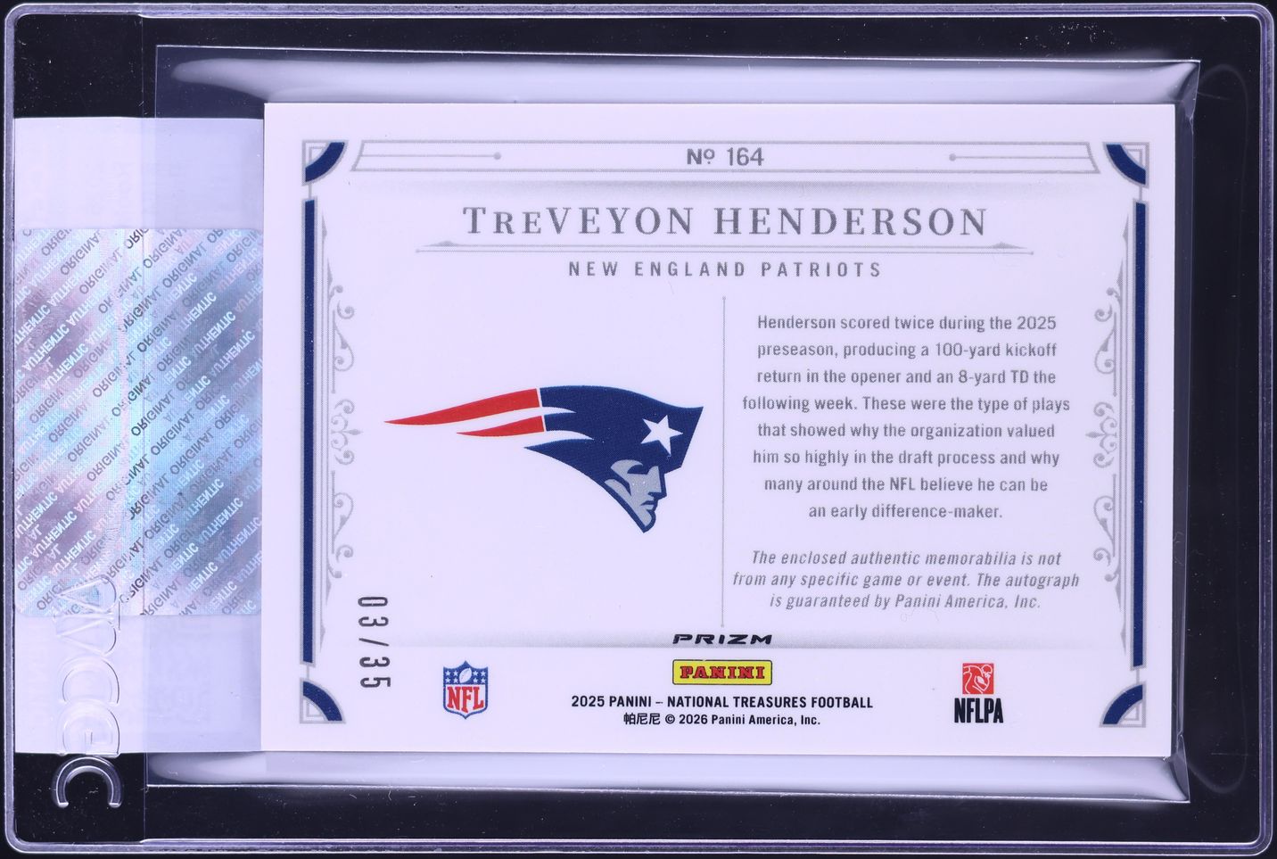 2025 National Treasures Premium TreVeyon Henderson ROOKIE PATCH AUTO /35 #164 CGC AUTH